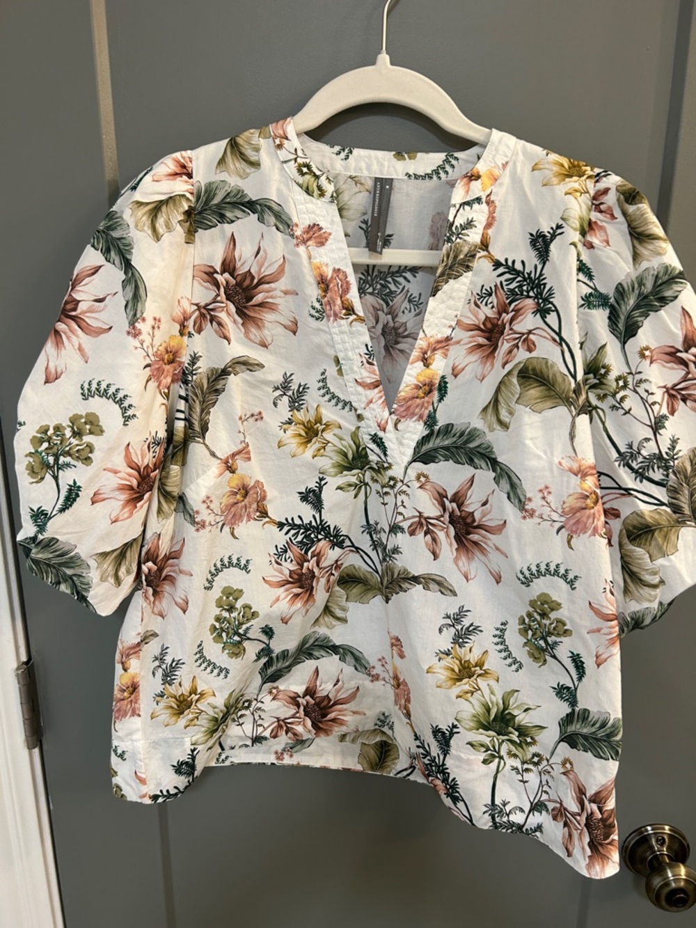 Anthropologie  V-Neck Puff Sleeve Women's Top - White with Green & Pink Size M